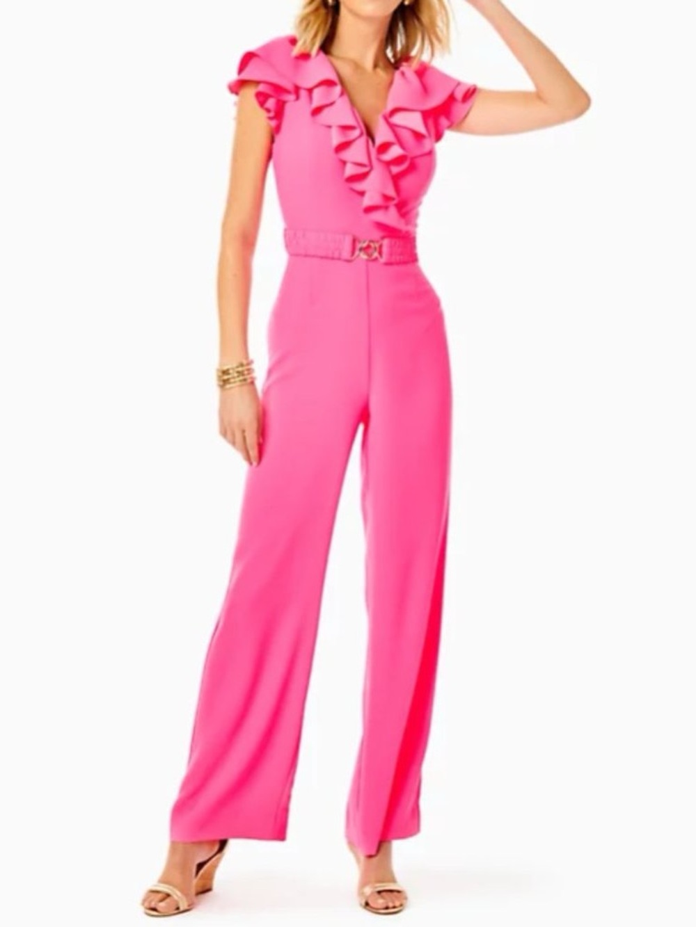 LILLY PULITZER CASSIAN RUFFLE JUMPSUIT WIDE LEG BARBIE AURA HOT PINK SZ 0